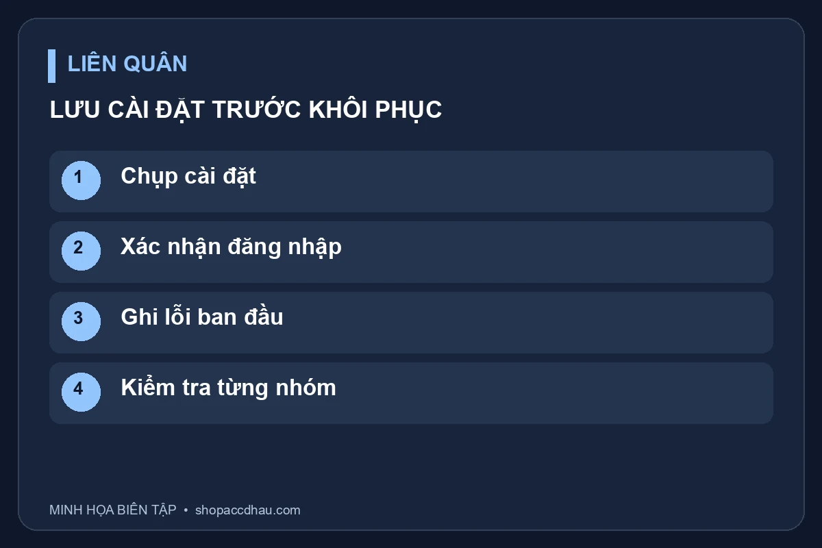 Checklist lưu và đối chiếu cài đặt; không phải hướng dẫn xóa dữ liệu tài khoản hay giao diện khôi phục chính thức.